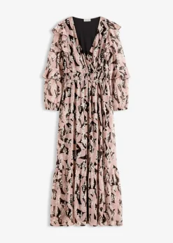 bonprix bonprix Vestidos>Vestido de gasa con volantes Negro-rosa palo