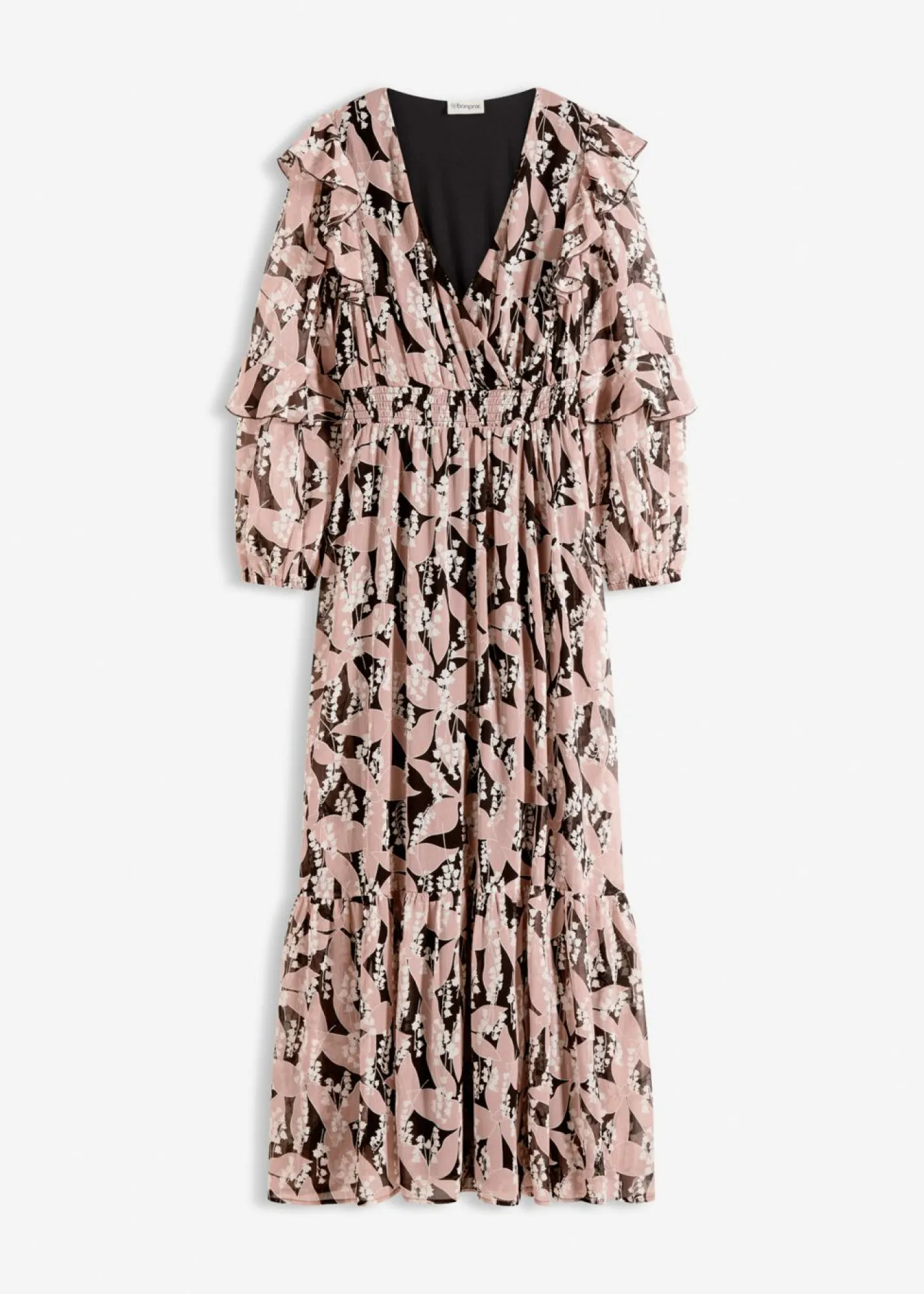 bonprix bonprix Vestidos>Vestido de gasa con volantes Negro-rosa palo