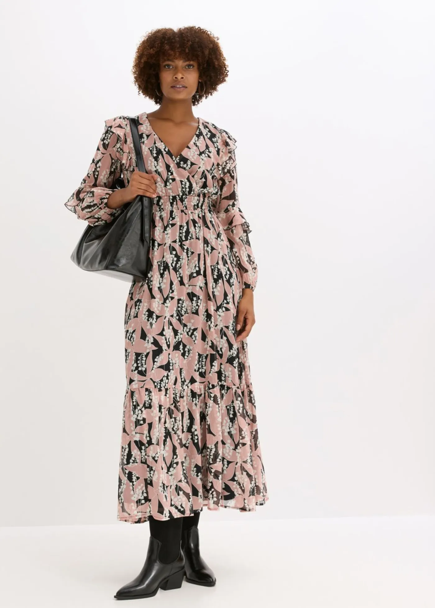 bonprix bonprix Vestidos>Vestido de gasa con volantes Negro-rosa palo