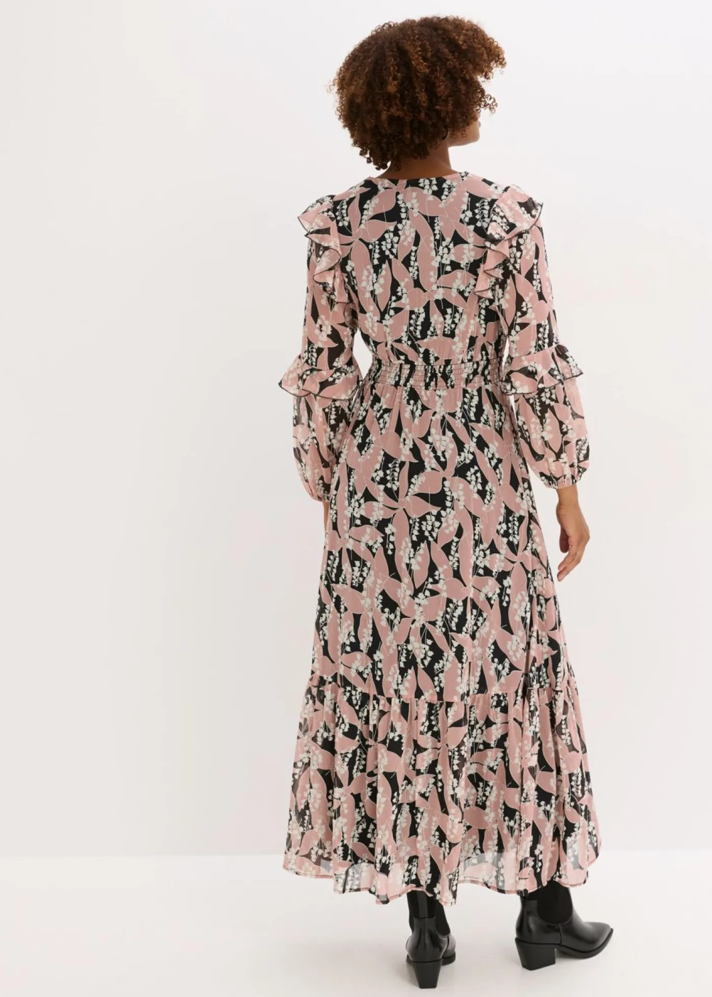 bonprix bonprix Vestidos>Vestido de gasa con volantes Negro-rosa palo