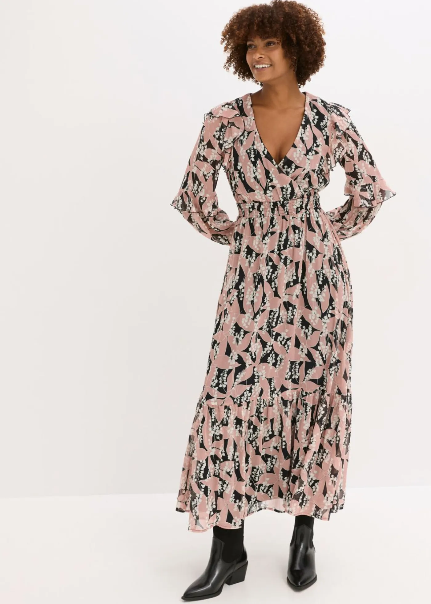 bonprix bonprix Vestidos>Vestido de gasa con volantes Negro-rosa palo