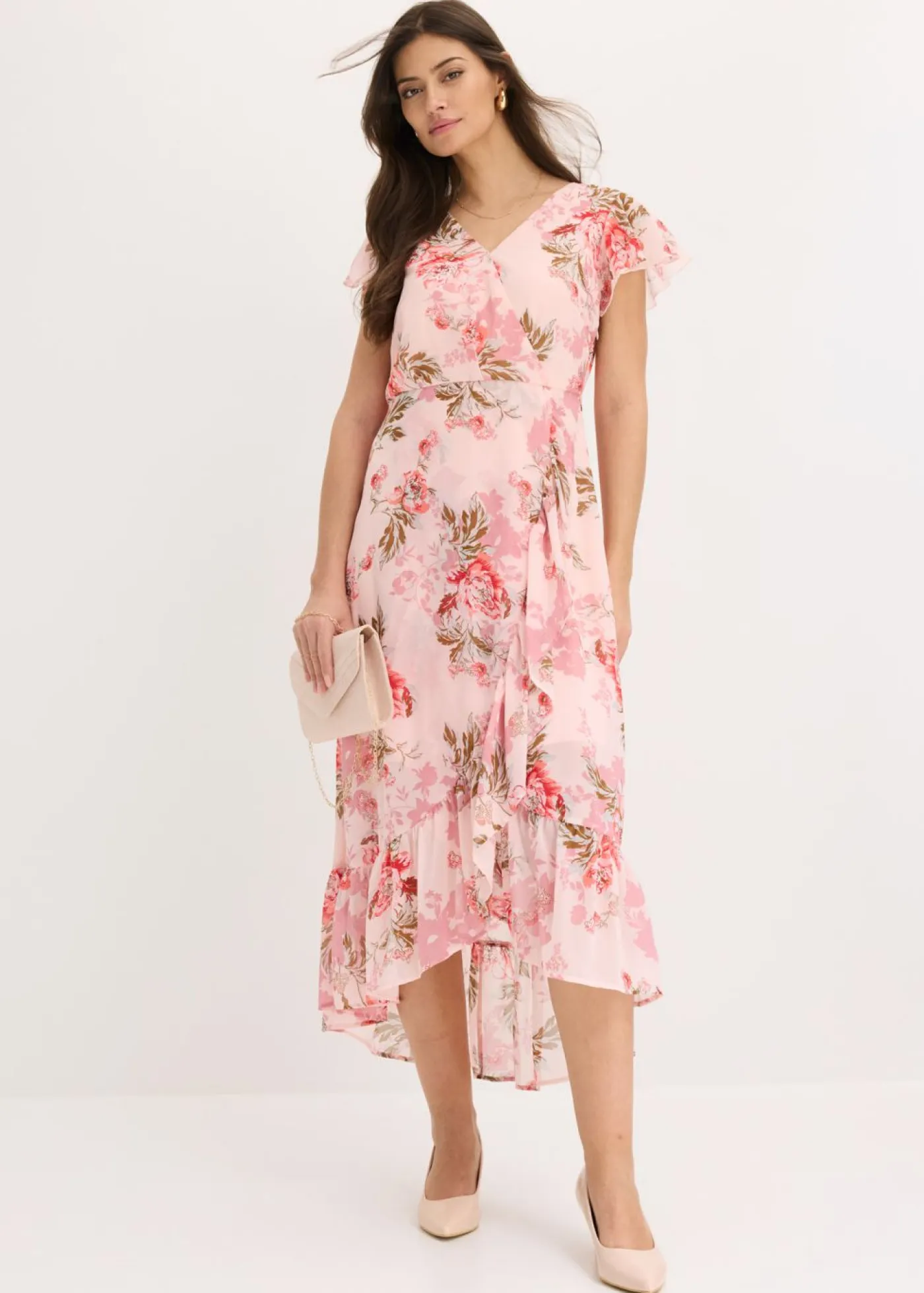 bonprix bonprix Vestidos>Vestido de gasa con volantes Rosa de flores