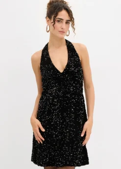 bonprix bonprix Vestidos>Vestido de lentejuelas anudado al cuello Negro