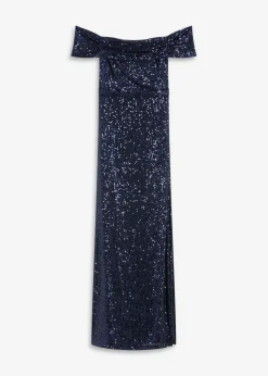 bonprix bonprix Vestidos|Ropa Elegante>Vestido de lentejuelas con escote bañera Azul marino