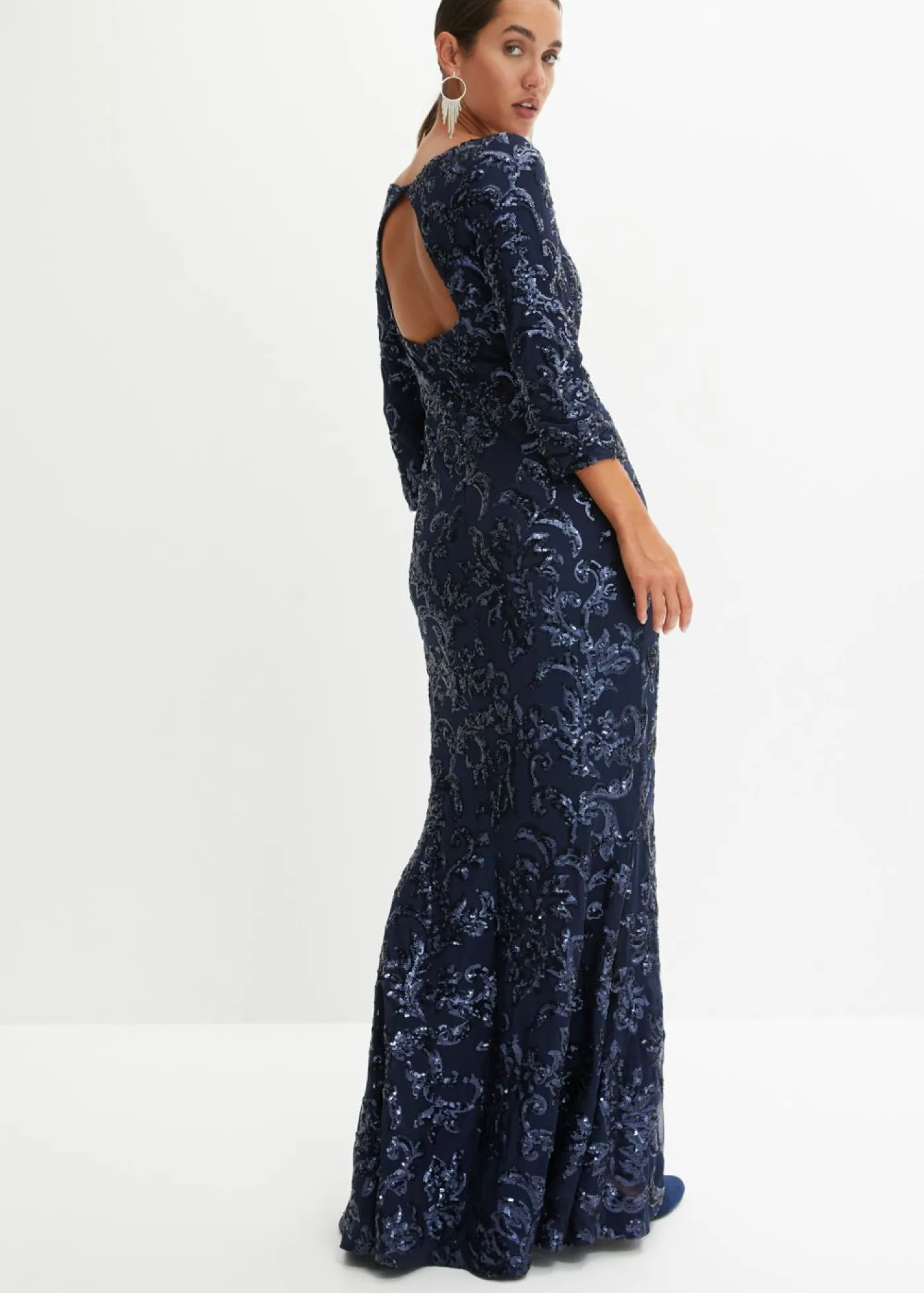 bonprix bonprix Vestidos|Tallas Pequeñas>Vestido de lentejuelas con escote en la espalda Azul marino