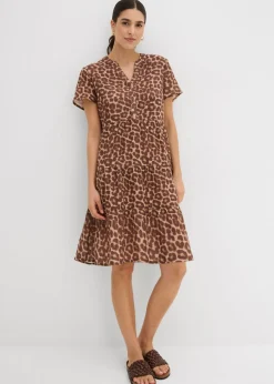 bonprix bonprix Vestidos>Vestido de muselina suave Marrón/marrón medio/marrón castaño/piedra/almendra con estampado de leopardo