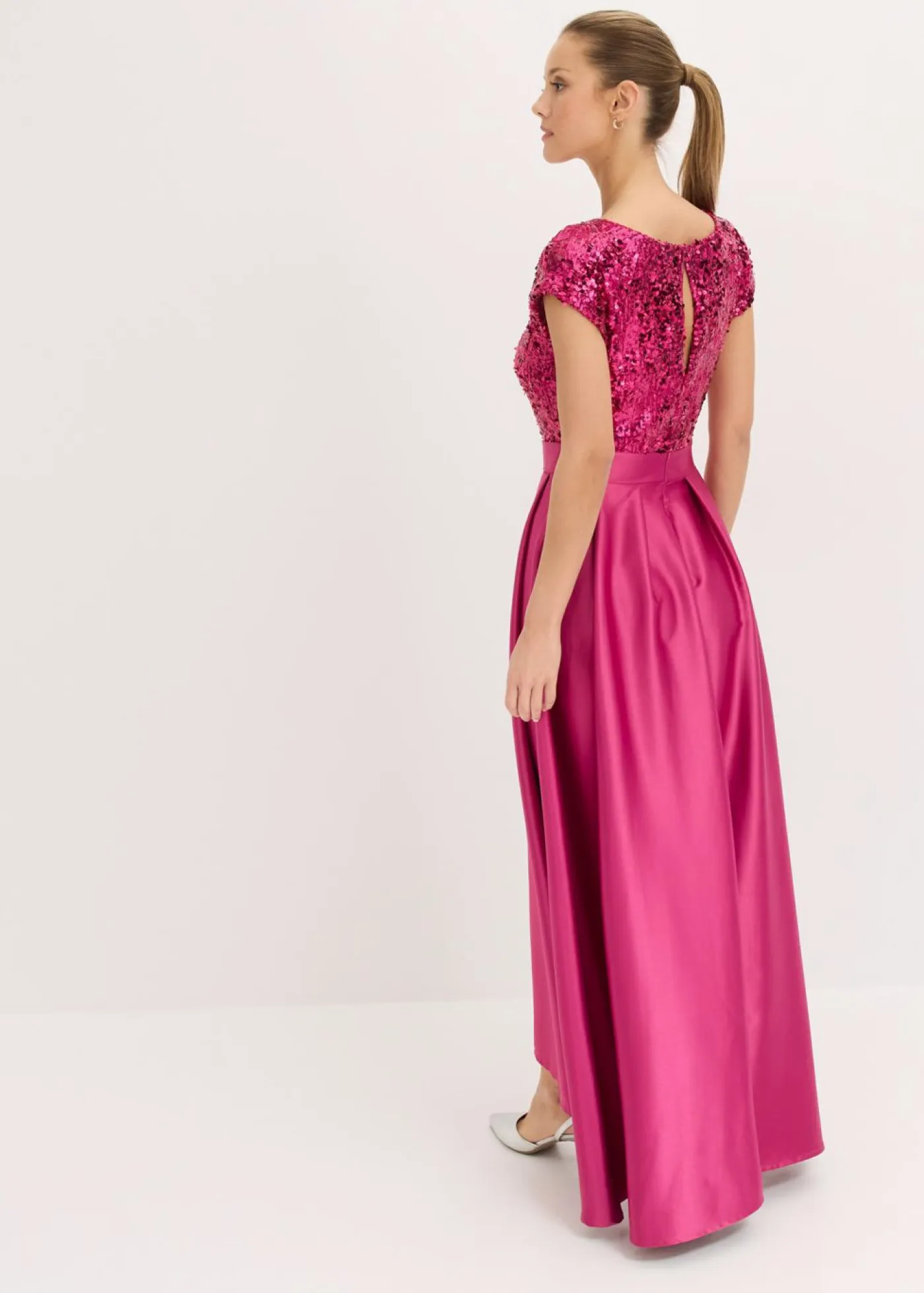 bonprix bonprix Vestidos|Novedades>Vestido de noche de satén brillante con lentejuelas Rosa fucsia