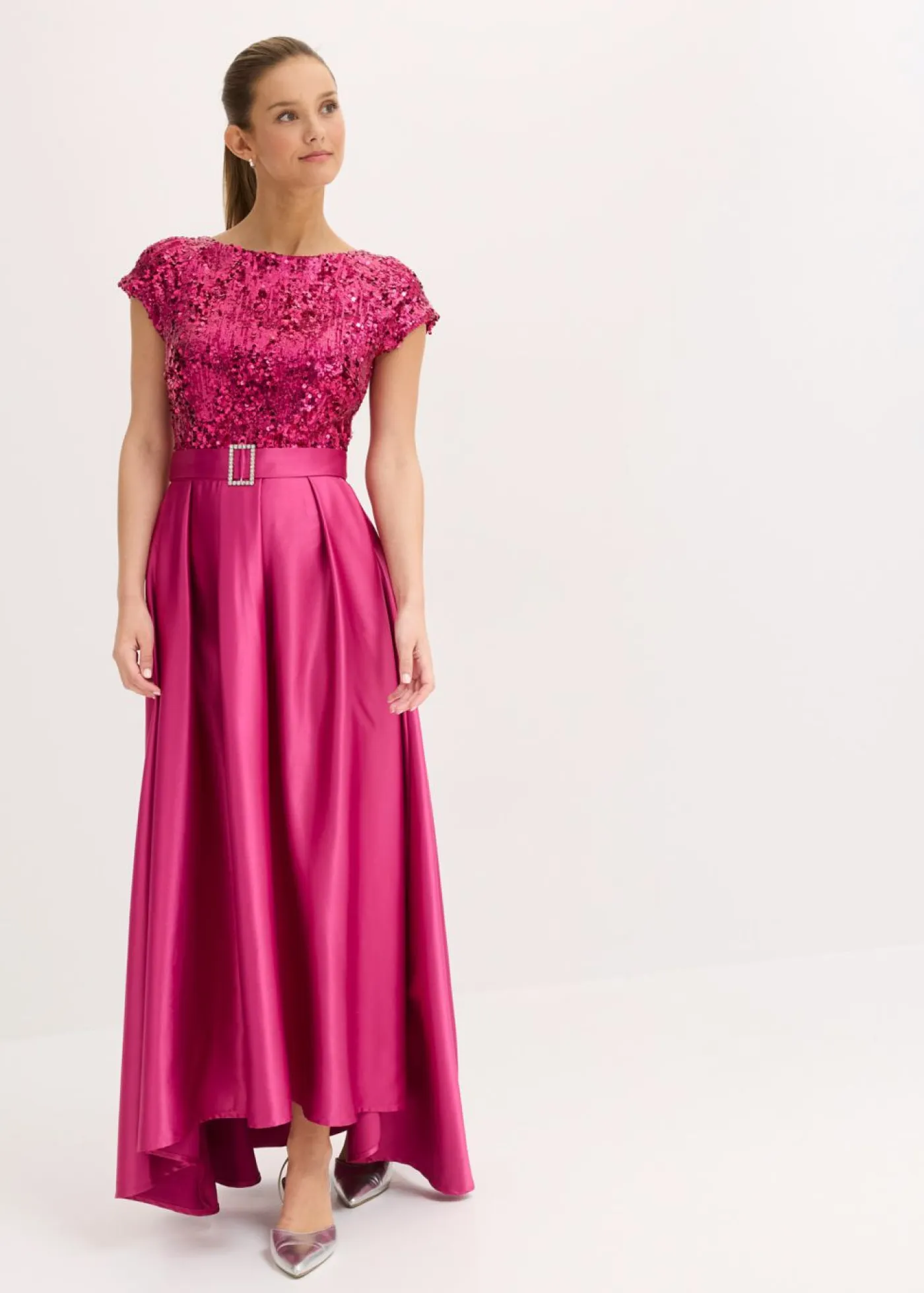 bonprix bonprix Vestidos|Novedades>Vestido de noche de satén brillante con lentejuelas Rosa fucsia
