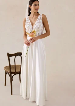 Mujer bonprix bonprix Vestido de novia de satén brillante con aplicaciones de flores