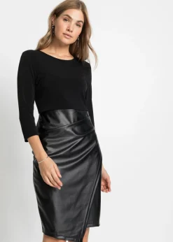 Mujer bonprix bonprix Vestido de piel sintética con parte superior de punto