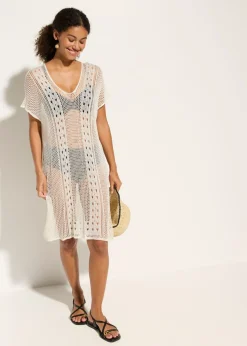 bonprix bonprix Ropa De Playa|Vestidos>Vestido de playa con aspecto de ganchillo de viscosa fluida Beige
