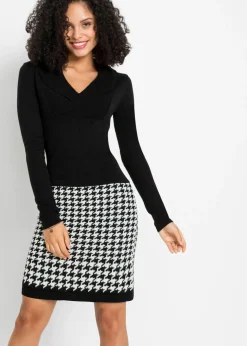 bonprix bonprix Vestidos|Ropa De Punto>Vestido de punto Negro-Blanco lana con estampado gráfico
