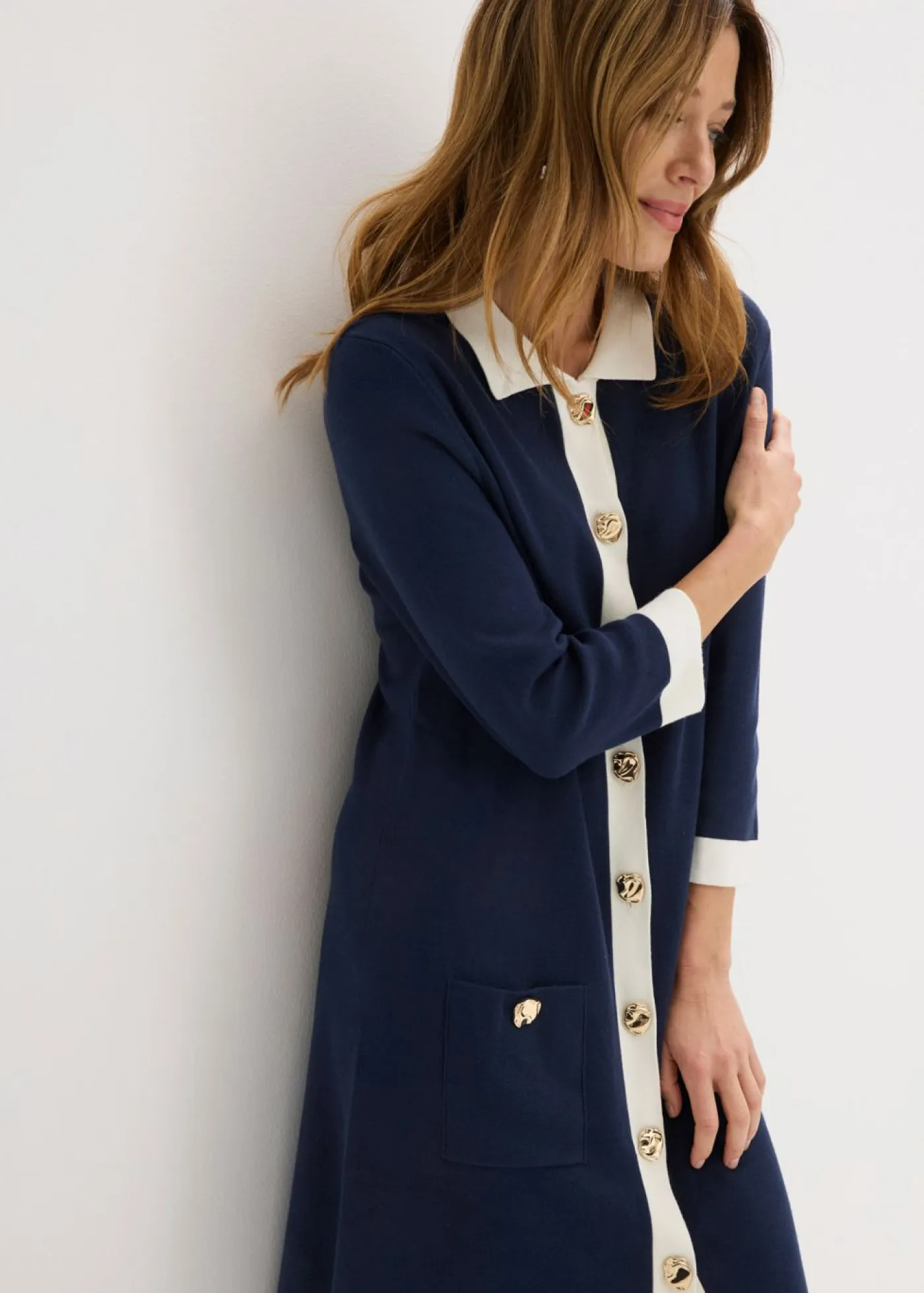 bonprix bonprix Vestidos|Ropa De Punto>Vestido de punto Azul marino + blanco lana