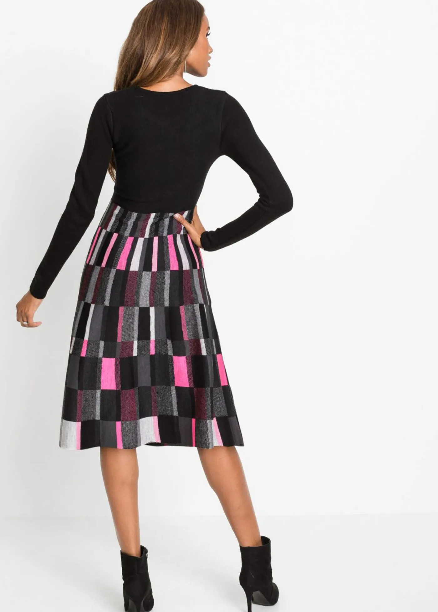 bonprix bonprix Vestidos|Ropa De Punto>Vestido de punto a cuadros Gris-negro-rosa de cuadros