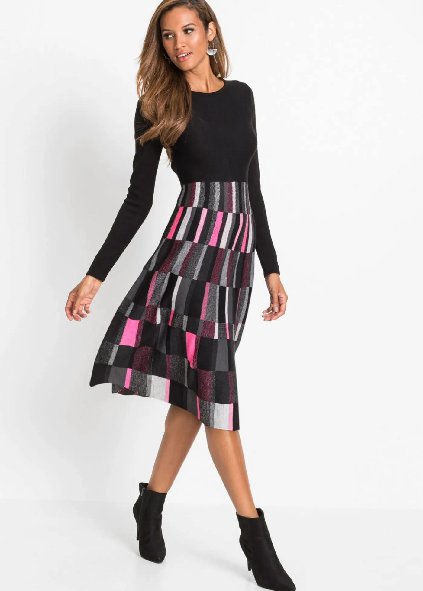 bonprix bonprix Vestidos|Ropa De Punto>Vestido de punto a cuadros Gris-negro-rosa de cuadros