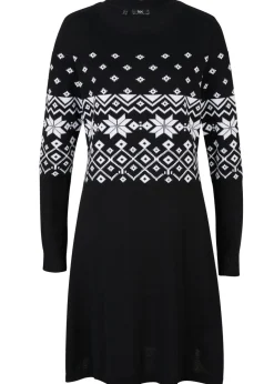 bonprix bonprix Vestidos|Ropa De Punto>Vestido de punto acampanado con estampado noruego Negro-blanco