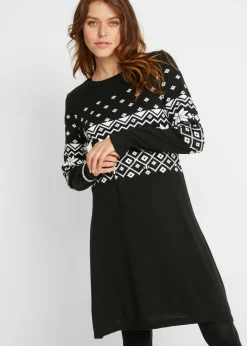 bonprix bonprix Vestidos|Ropa De Punto>Vestido de punto acampanado con estampado noruego Negro-blanco