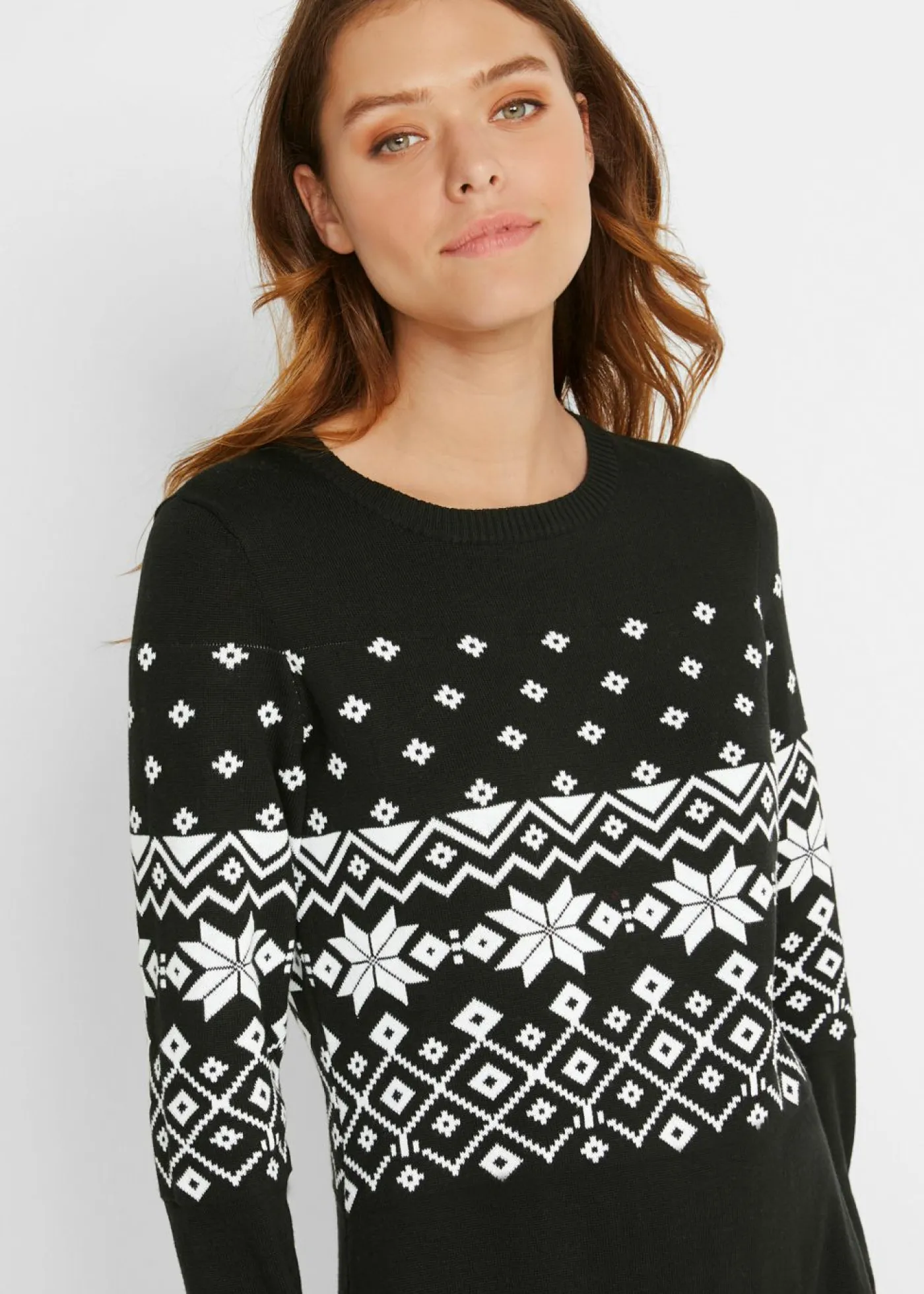 bonprix bonprix Vestidos|Ropa De Punto>Vestido de punto acampanado con estampado noruego Negro-blanco