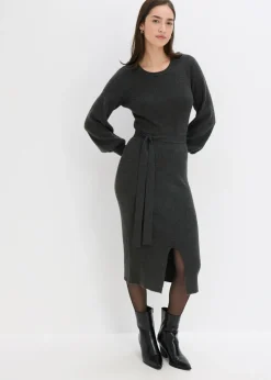 bonprix bonprix Vestidos|Ropa De Punto>Vestido de punto acanalado de mezcla de viscosa fluida antracita jaspeado moteado