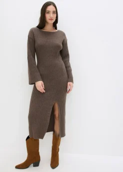 bonprix bonprix Vestidos|Ropa De Punto>Vestido de punto con abertura marrón arcilla