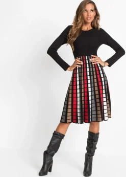 bonprix bonprix Vestidos|Ropa De Punto>Vestido de punto con cuadros Negro-rojo-marrón-blanco lana de cuadros