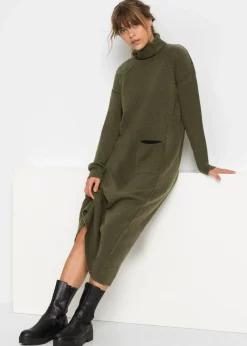 bonprix bonprix Vestidos|Ropa De Punto>Vestido de punto con cuello vuelto oliva moteado