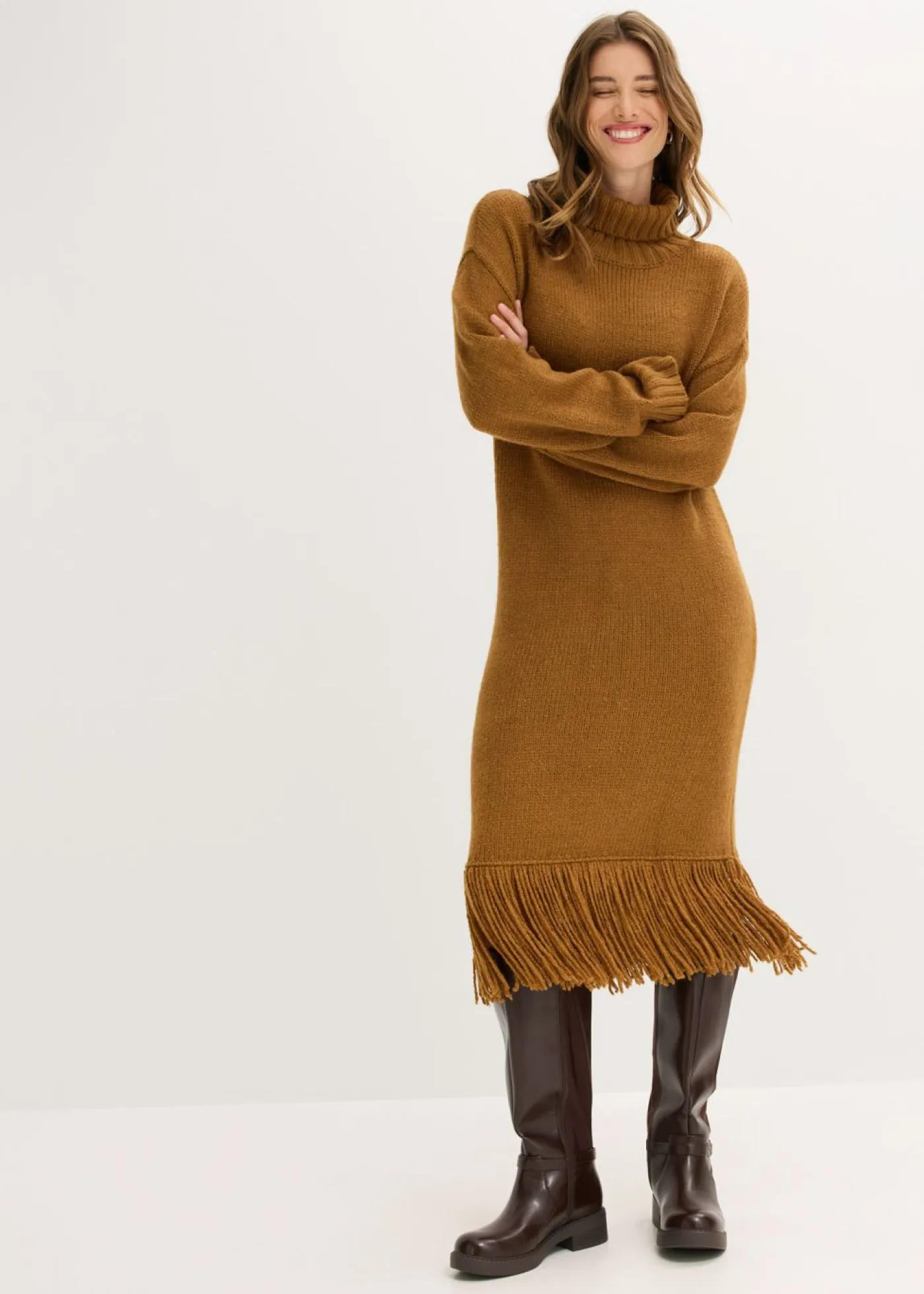 bonprix bonprix Vestidos|Ropa De Punto>Vestido de punto con flecos en el dobladillo Marrón coñac