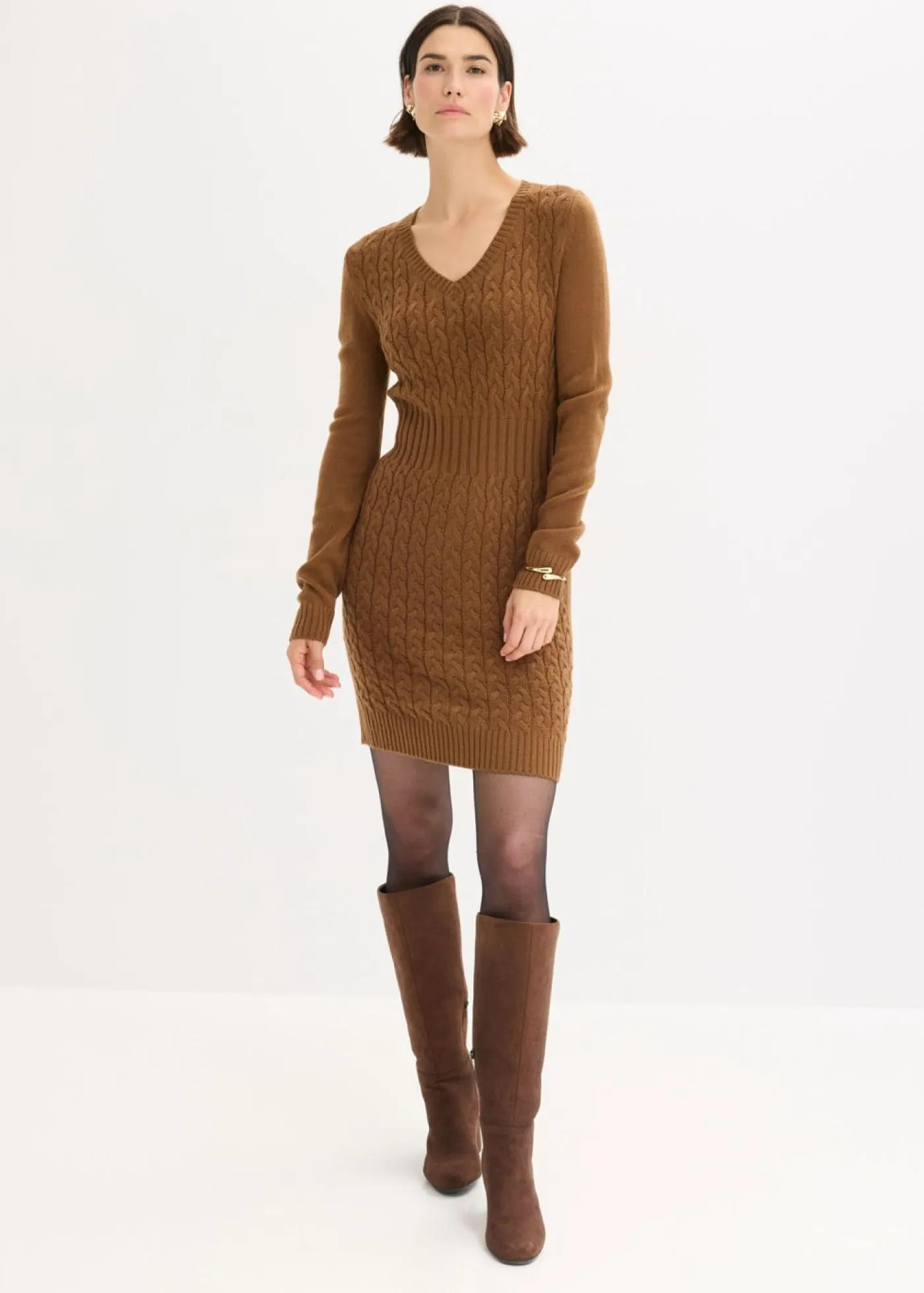 bonprix bonprix Vestidos|Ropa De Punto>Vestido de punto con patrón trenzado marrón pimienta