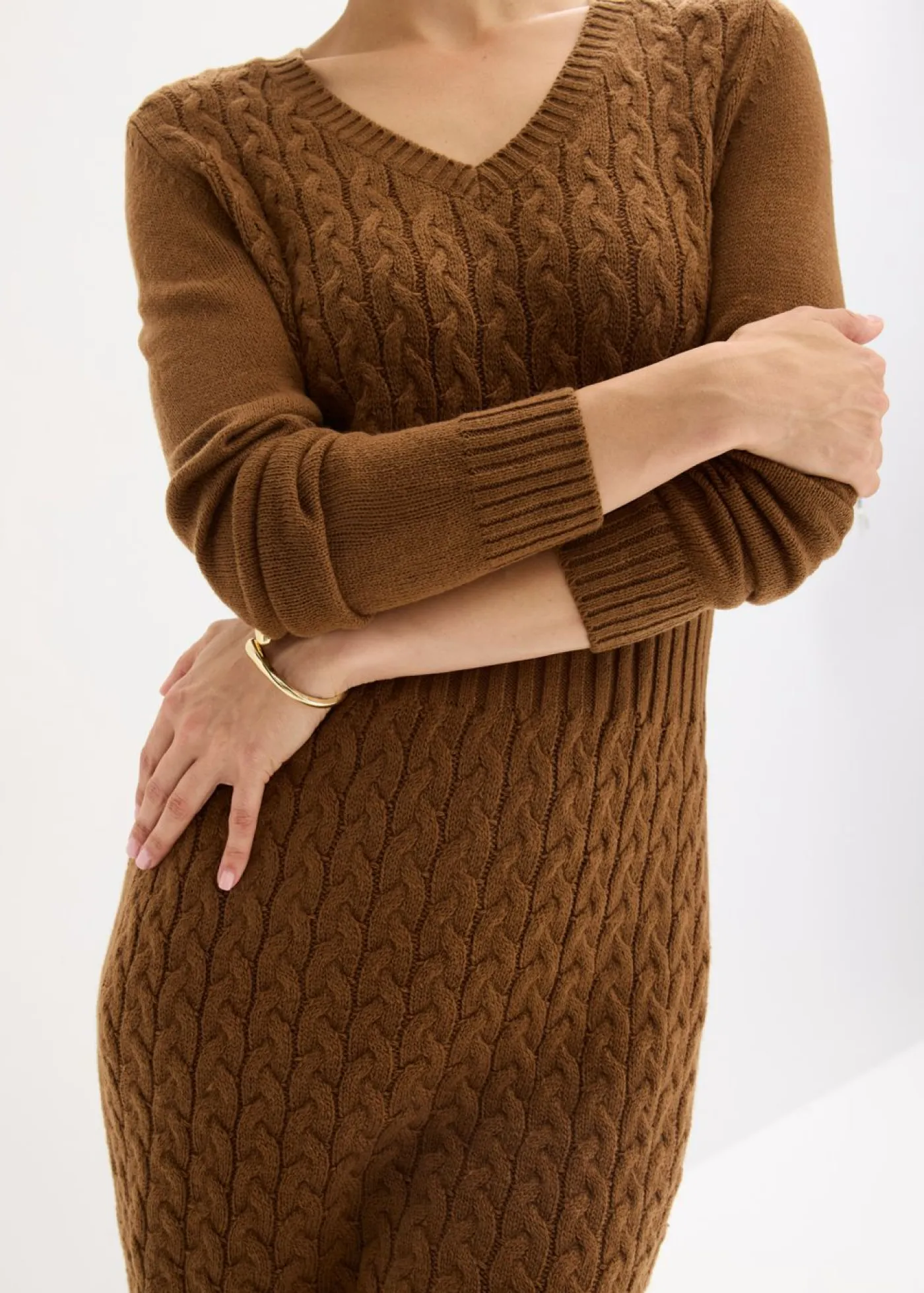 bonprix bonprix Vestidos|Ropa De Punto>Vestido de punto con patrón trenzado marrón pimienta