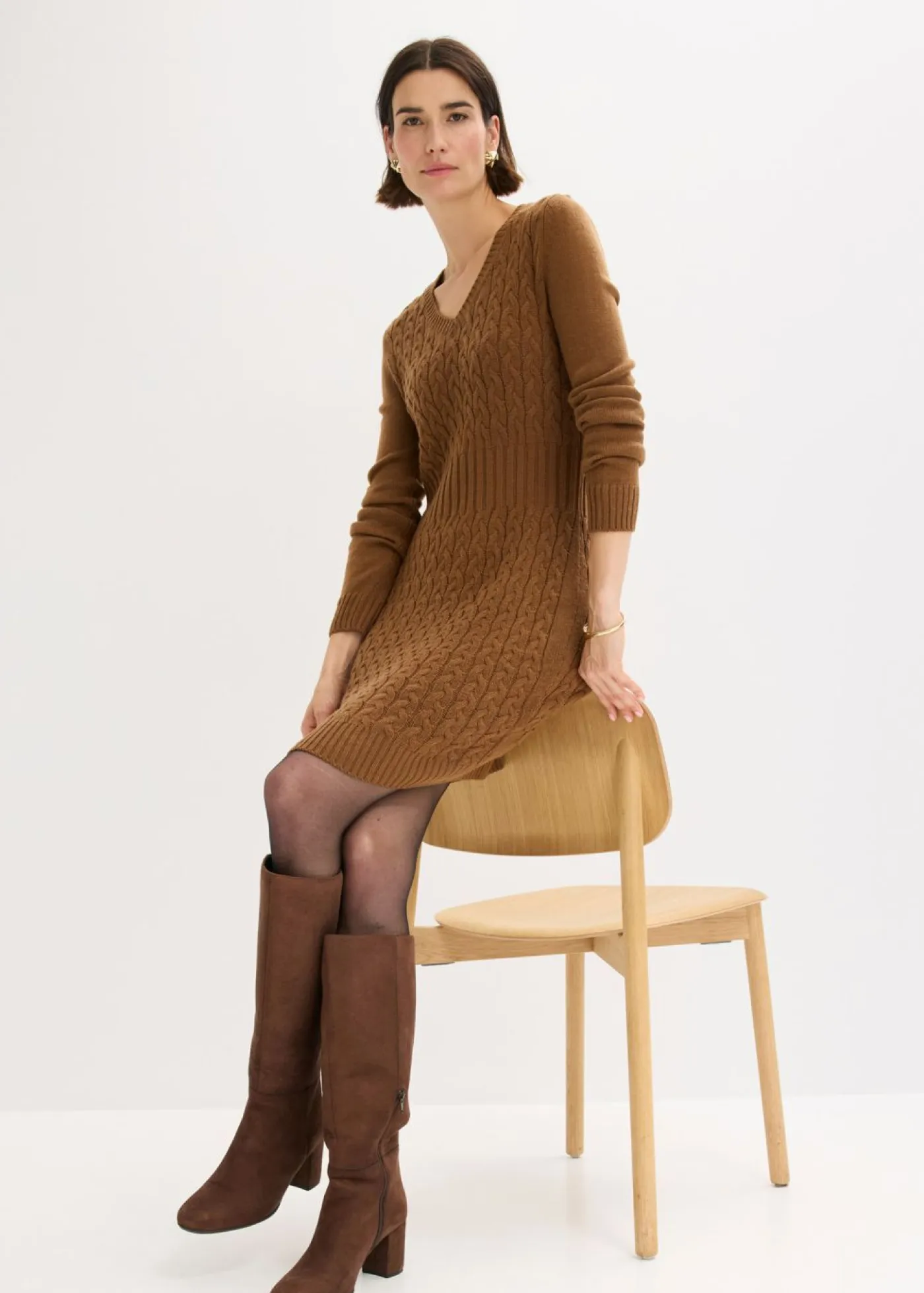 bonprix bonprix Vestidos|Ropa De Punto>Vestido de punto con patrón trenzado marrón pimienta