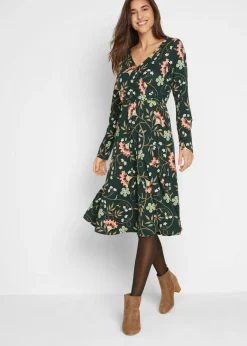 bonprix bonprix Vestidos>Vestido de punto de algodón con diseño cruzado Verde intenso de flores