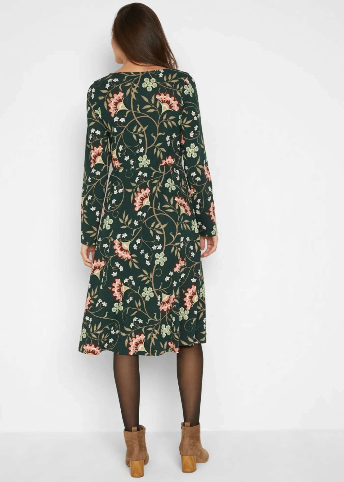 bonprix bonprix Vestidos>Vestido de punto de algodón con diseño cruzado Verde intenso de flores