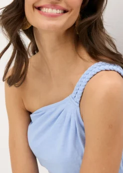 Mujer bonprix bonprix Vestido de punto de algodón con dobladillo asimétrico y detalle de nudo en el hombro