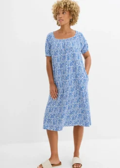bonprix bonprix Vestidos>Vestido de punto de algodón orgánico puro Azul ártico-blanco lana estampado