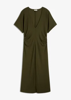 bonprix bonprix Vestidos>Vestido de punto de canalé con fruncido lateral Verde oliva oscuro