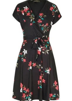bonprix bonprix Vestidos>Vestido de punto de diseño cruzado negro-frambuesa con flores