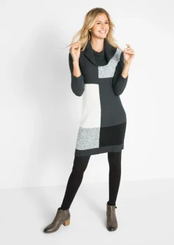bonprix bonprix Vestidos|Ropa De Punto>Vestido de punto de manga larga  hasta la rodilla antracita jaspeado gris claro jaspeado blanco lana negro