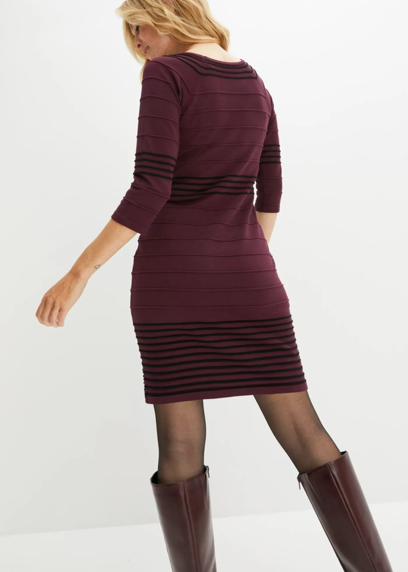 bonprix bonprix Vestidos|Ropa De Punto>Vestido de punto de mezcla de viscosa suave Rojo vino/negro de rayas