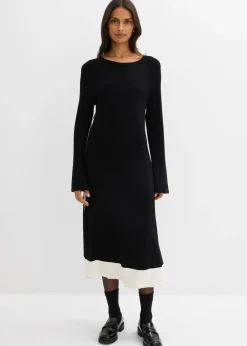 bonprix bonprix Esenciales|Vestidos>Vestido de punto de mezcla de viscosa con detalles en contraste Negro-blanco lana