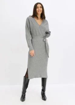 bonprix bonprix Vestidos|Ropa De Punto>Vestido de punto de mezcla de viscosa fluida Gris jaspeado
