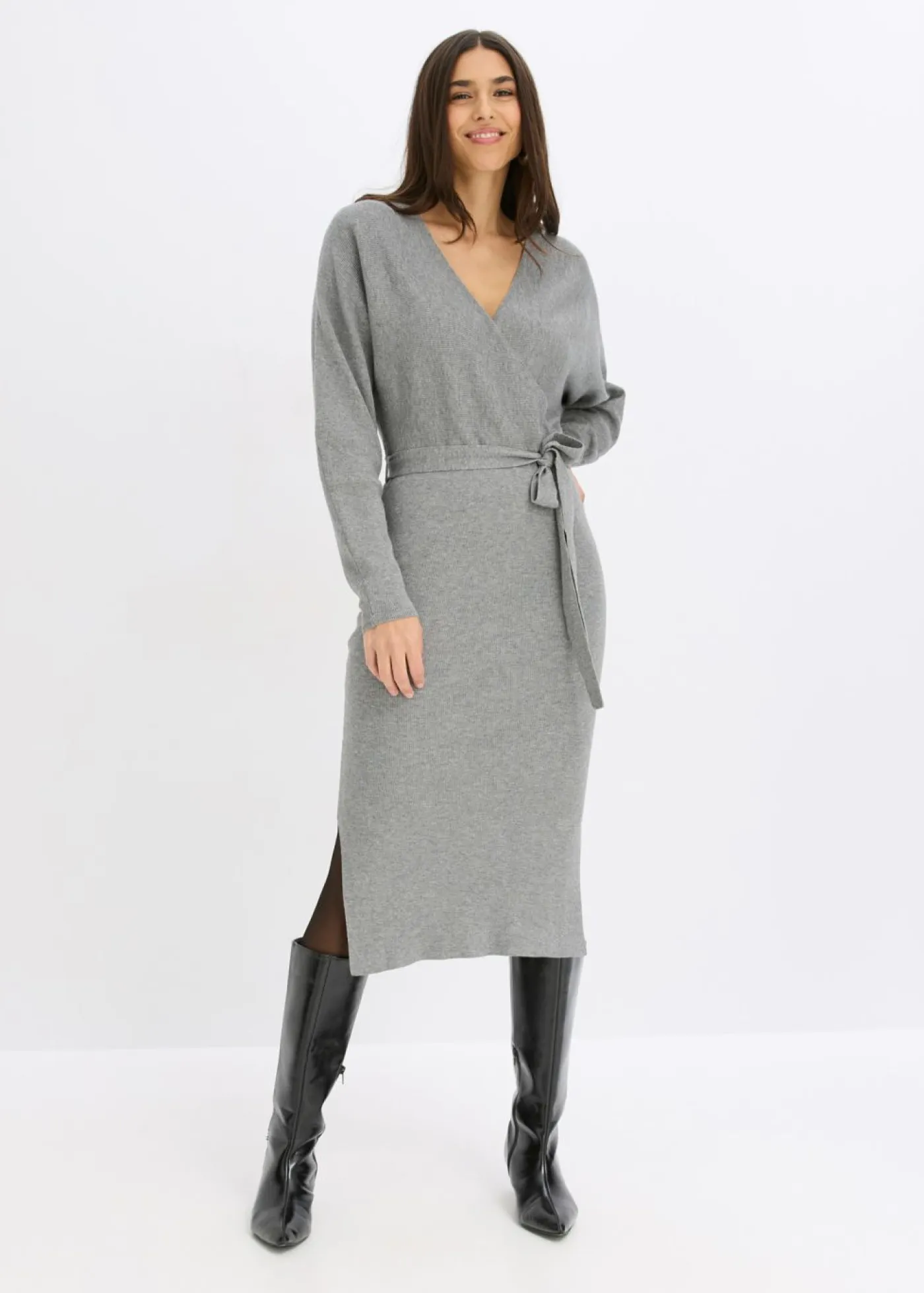 bonprix bonprix Vestidos|Ropa De Punto>Vestido de punto de mezcla de viscosa fluida Gris jaspeado