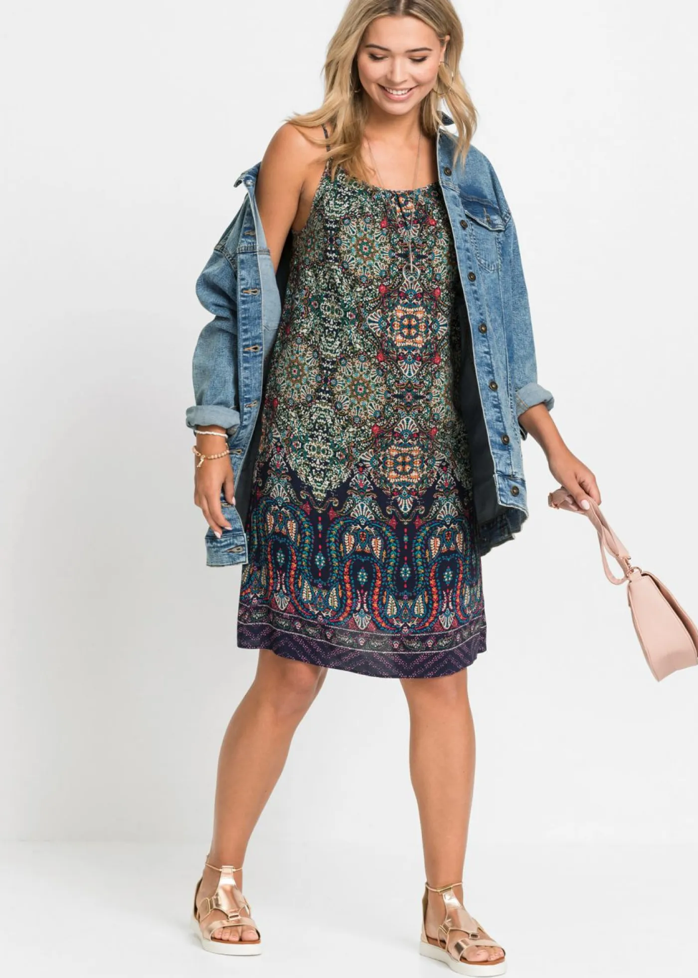 bonprix bonprix Vestidos>Vestido de tirantes de viscosa fluida Azul oscuro estampado