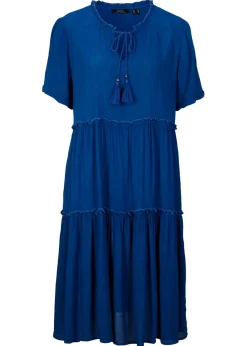 bonprix bonprix Vestidos>Vestido de viscosa arrugada hasta la rodilla con detalle en el escote Azul