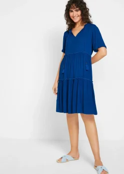 bonprix bonprix Vestidos>Vestido de viscosa arrugada hasta la rodilla con detalle en el escote Azul