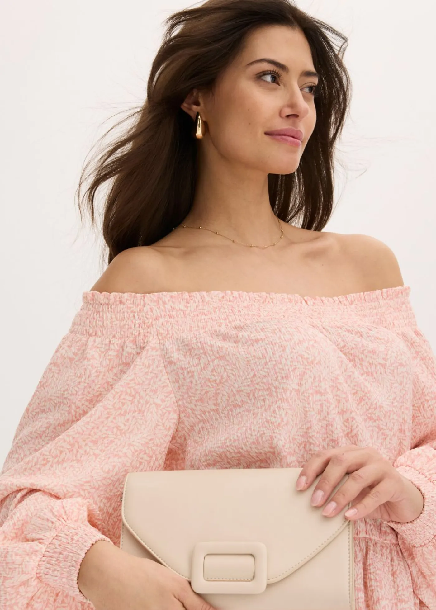 bonprix bonprix Vestidos>Vestido estampado con escote bañera Rosa pálido-blanco