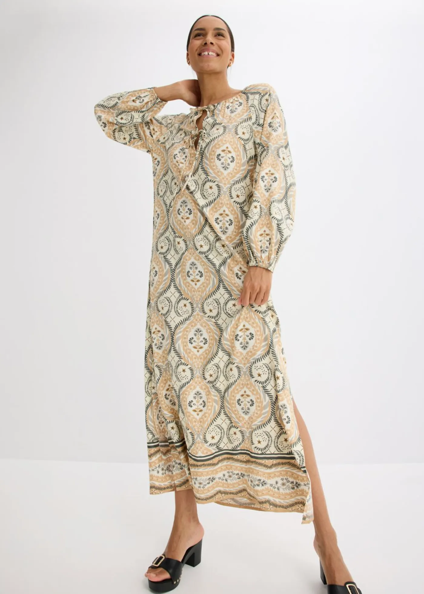 bonprix bonprix Vestidos>Vestido estampado tipo caftán de viscosa fluida Arena