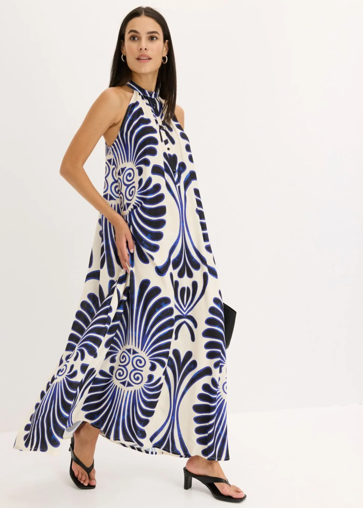 bonprix bonprix Vestidos>Vestido largo ancho de viscosa fluida Azul-blanco estampado