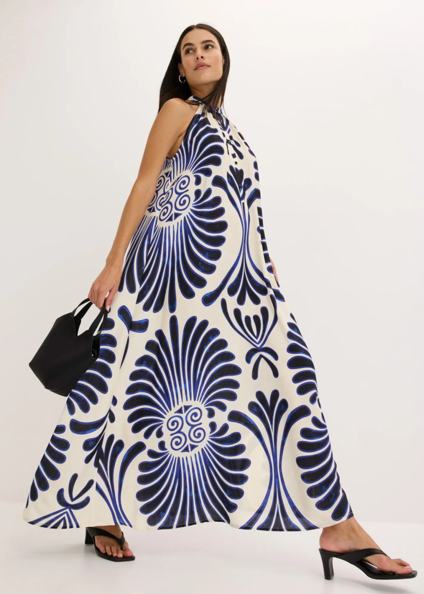 bonprix bonprix Vestidos>Vestido largo ancho de viscosa fluida Azul-blanco estampado