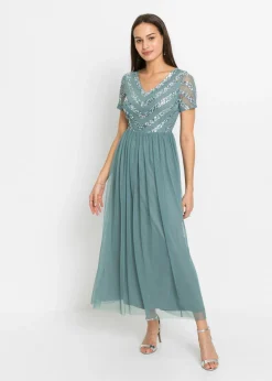 bonprix bonprix Vestidos|Ropa Elegante>Vestido largo con bordado de lentejuelas petróleo ahumado