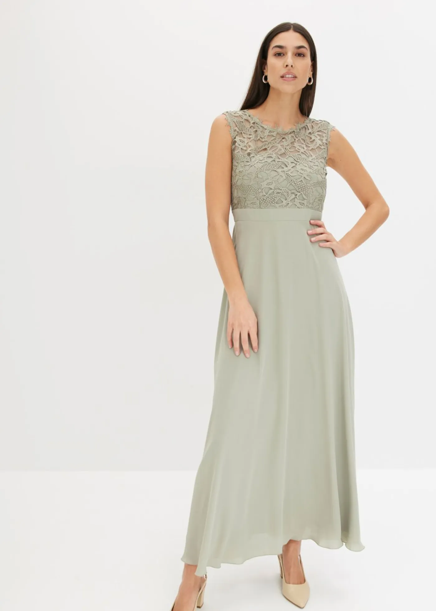 bonprix bonprix Vestidos|Tallas Pequeñas>Vestido largo con encaje Verde alga